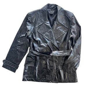 TRUE PEOPLE M Black Snakeskin Emboss Faux Leather Belt Double Breast Trench Coat